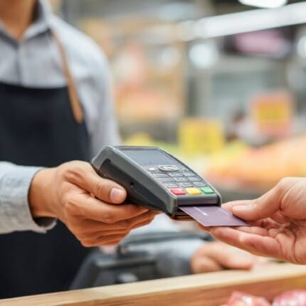 An Asian male cashier processes a card payment from a customer in a grocery store. The focus is on the payment terminal and hands, capturing a moment of everyday commerce.